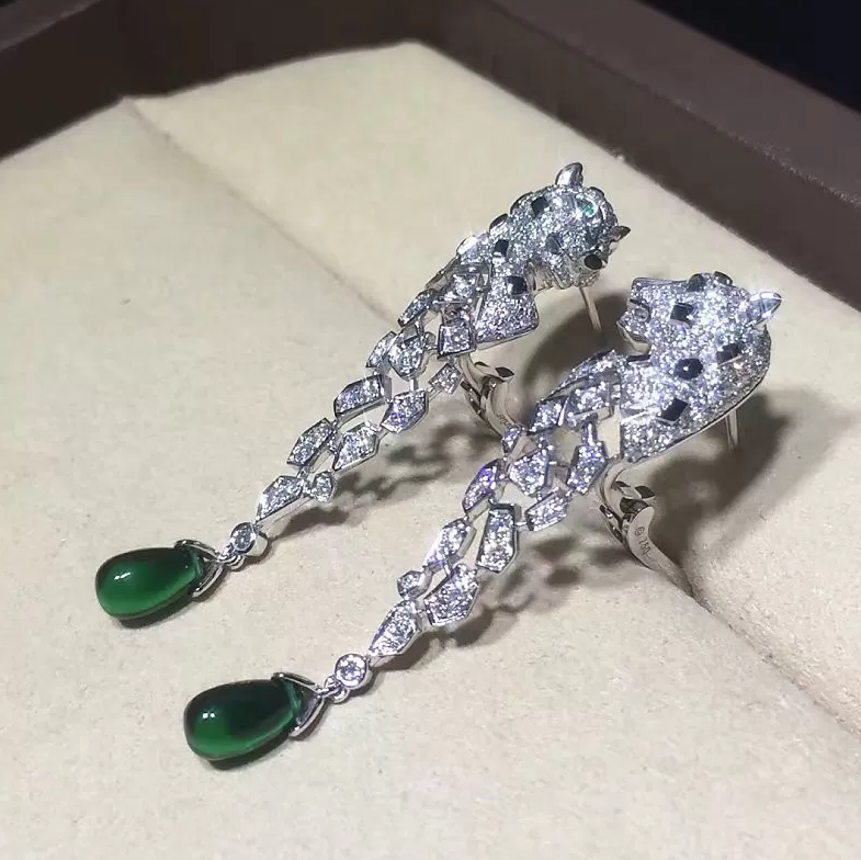 Inspired Panthere de Cartier Earrings 18k White Gold with Diamonds & Emeralds