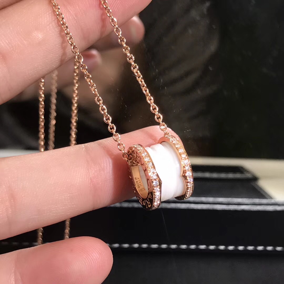 Copy 18k Rose Gold Bvlgari B.zero1 White Ceramic Diamond Pendant Necklace