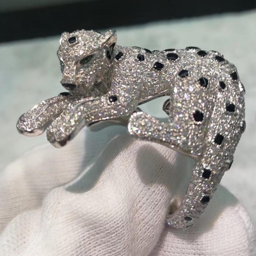 Inspired Panthere de Cartier Ring in Platinum with Pave Diamonds Emeralds and onyx