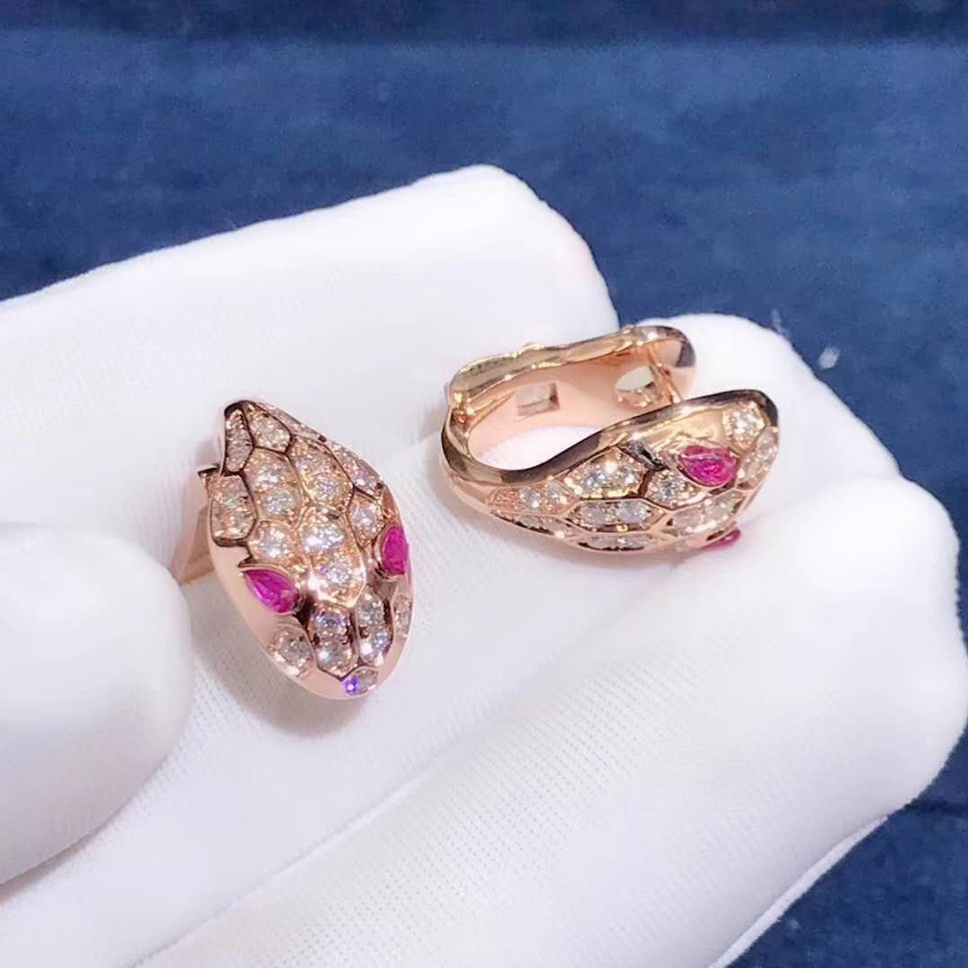 Bvlgari Serpenti Earrings in 18k rose gold set with rubellite eyes and full pave diamonds