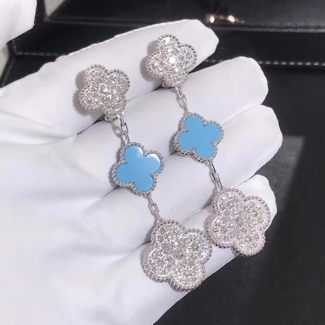 Van Cleef & Arpels Magic Alhambra Turquoise & Diamonds 3 Motifs Ear Clips 18k White Gold
