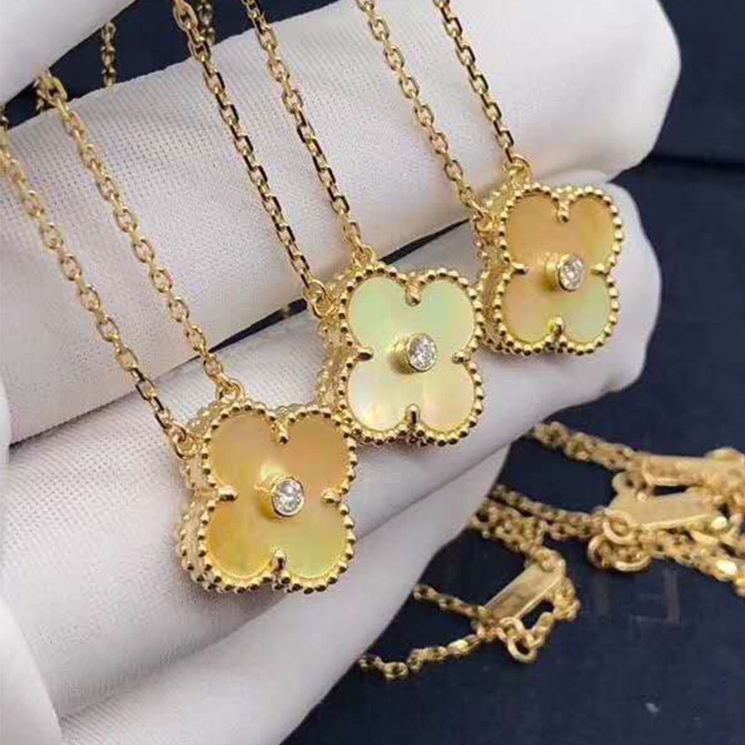 Van Cleef & Arpels 18k Gold Vintage Alhambra Necklace with Gold Mother of Pearl and Diamond