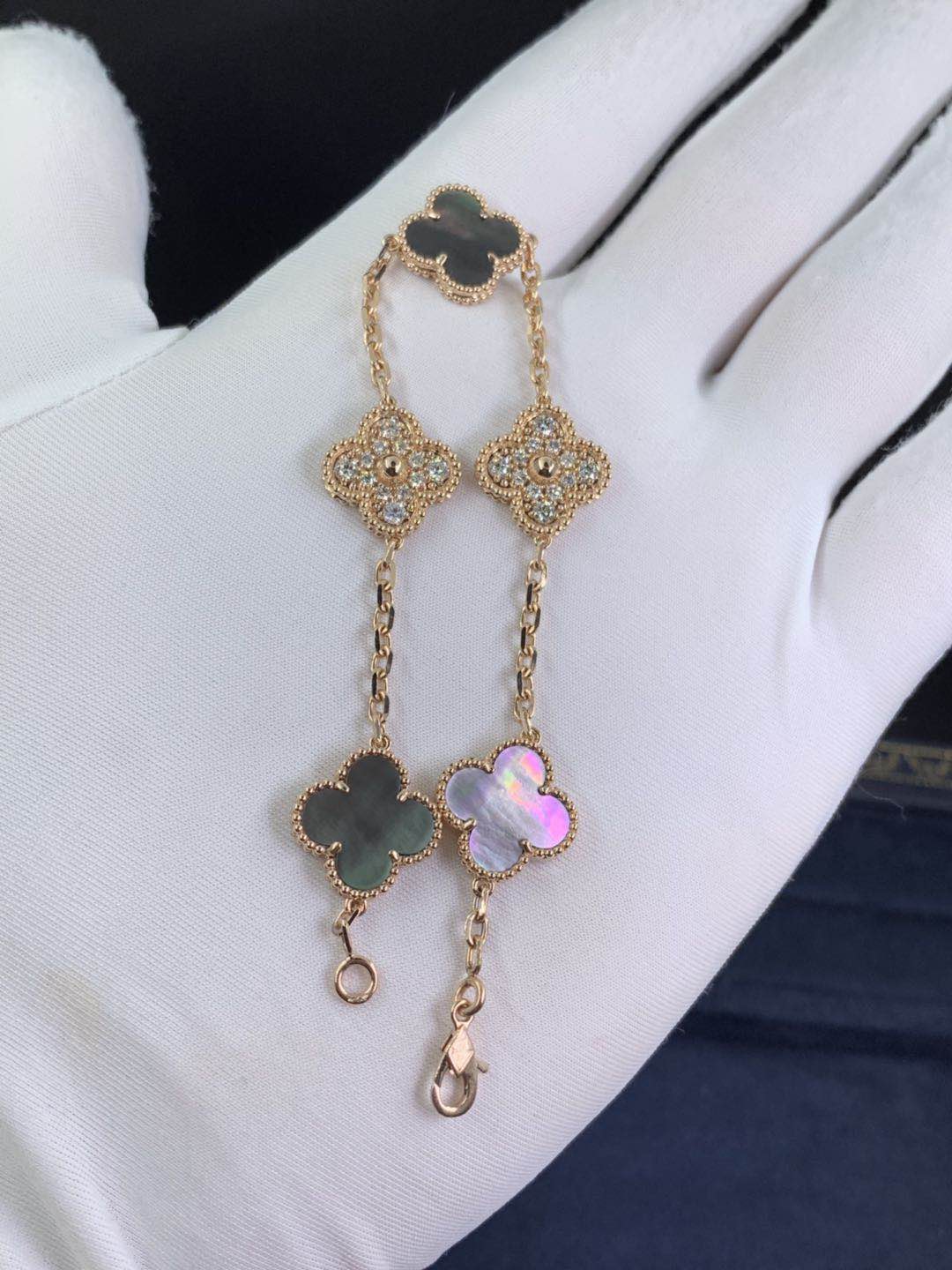 18k Pink Gold VCA Vintage Alhambra bracelet 5 motifs Gray Mother-of-pearl & Diamond