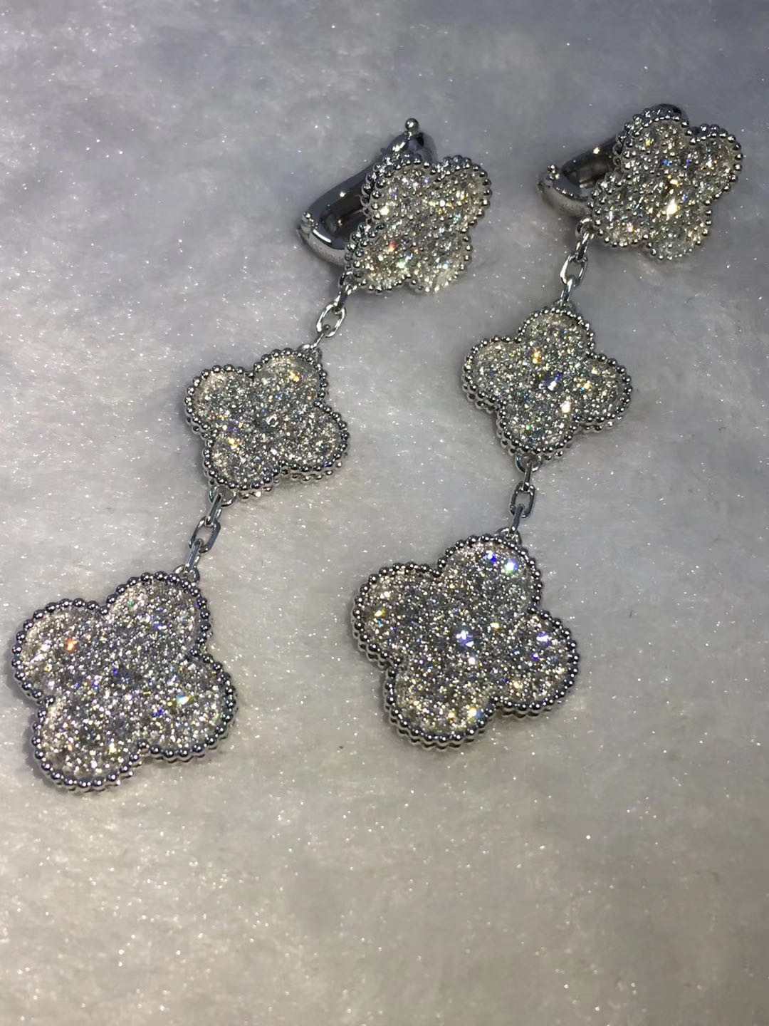 18K White Gold Van Cleef & Arpels Magic Alhambra 3 motifs diamond earrings