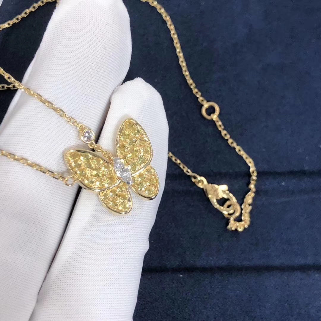 VCA Two Butterfly pendant necklace 18k Yellow gold pave Sapphire set with Diamond