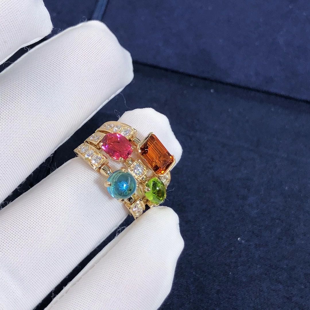 Inspired 18kt Gold Bvlgari Allegra three-band Multi Colored Gemstone and Diamond Ring