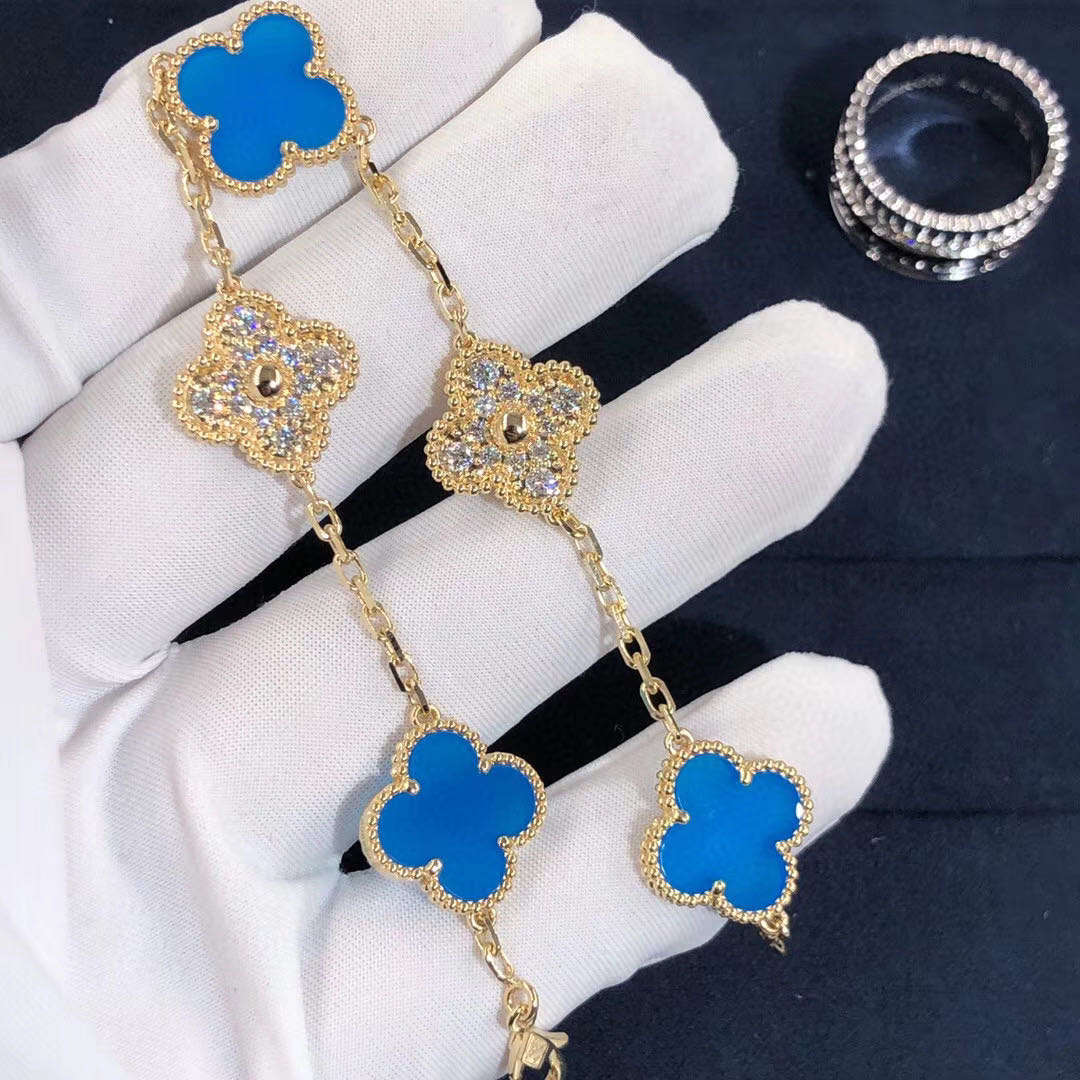 Custom 18K Yellow Gold Diamond Van Cleef Vintage Alhambra Bracelet 5 Motifs