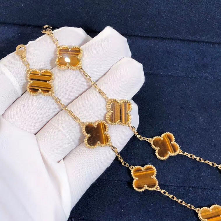 Custom Van Cleef & Arpels 18k Yellow Gold 5-Motifs Tiger’s Eye Vintage Alhambra Bracelet VCARD35600