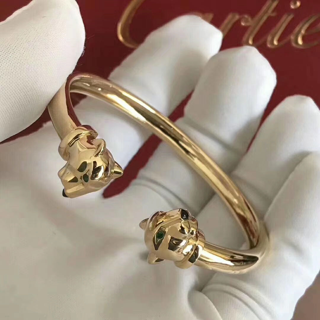 Custom Cartier Panthere de Cartier Tsavorite Onyx 18K Yellow Gold Two Head Panthere Open Bracelet N6706117