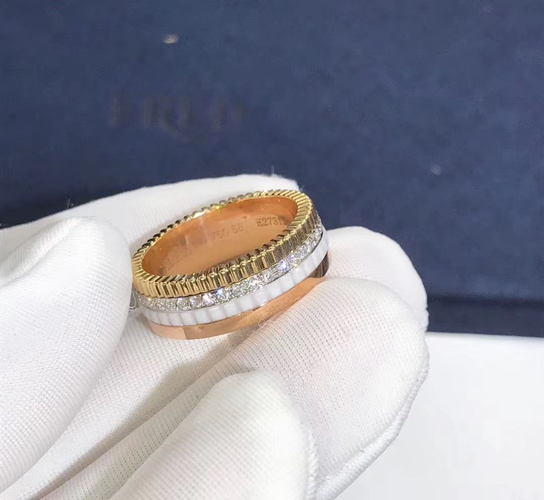 Boucheron Quatre Slim Ring 18K Rose Yellow White Gold With One Round Diamonds White Ceramic JRG01597