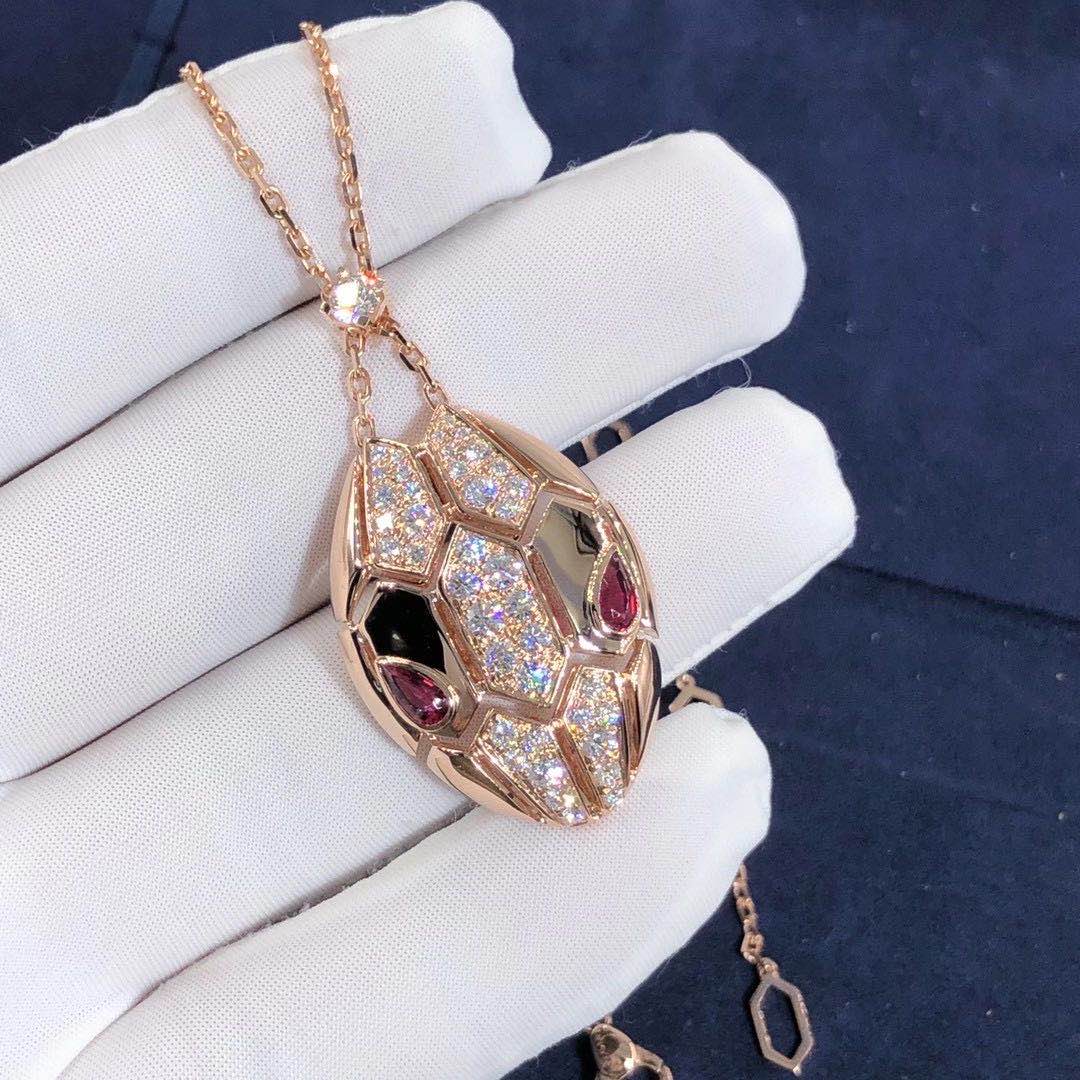 18K Rose Gold Serpenti Necklace with Rubellite Eyes and Semi Pave Diamonds