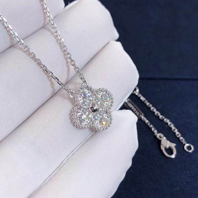 Custom Van Cleef & Arpels Vintage Alhambra Pendant in 18k White Gold with Pavé Diamonds VCARA46100