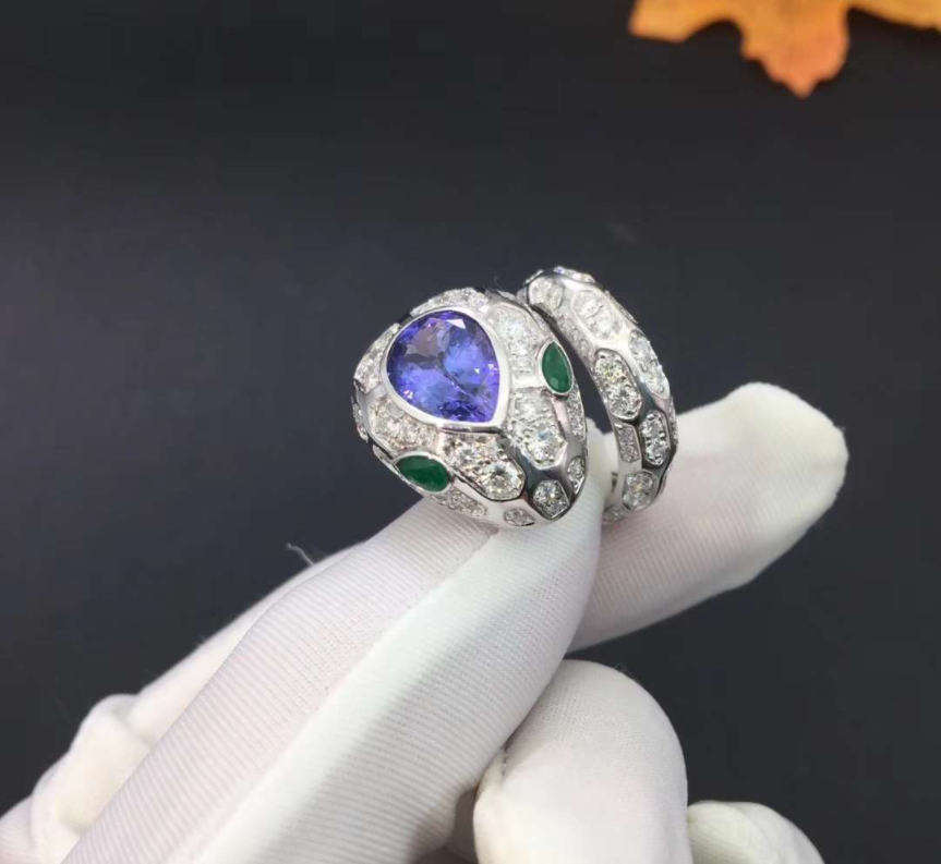 Bvlgari Serpenti 18K White Gold Ring Emerald Eyes and Pavé Diamonds AN858337