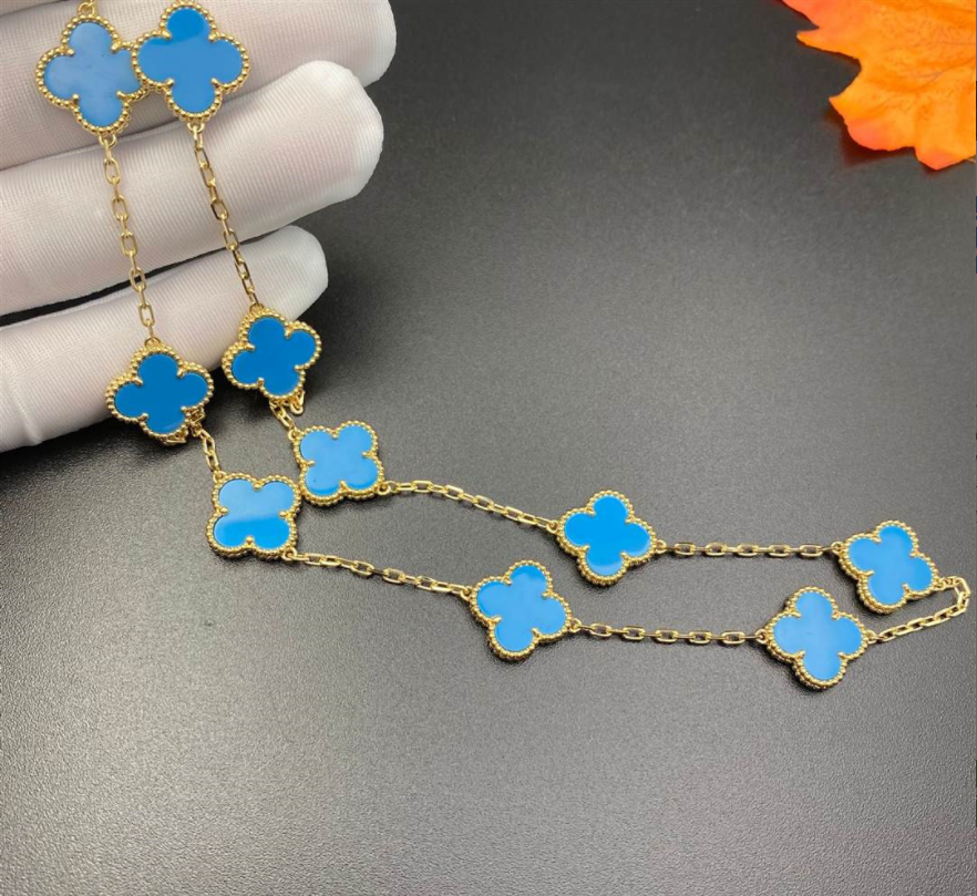 Van Cleef & Arpels 18k Yellow Gold Vintage Alhambra Necklace 10 Motifs Turquoise