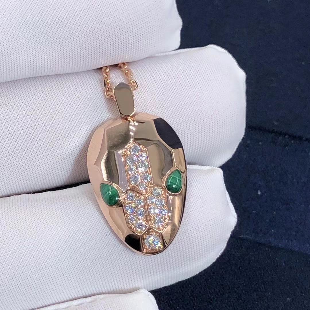 Bulgari Serpenti Necklace With 18 Kt Rose Gold Chain And Pendant, Set With Malachite Eyes And Demi Pavé Diamonds