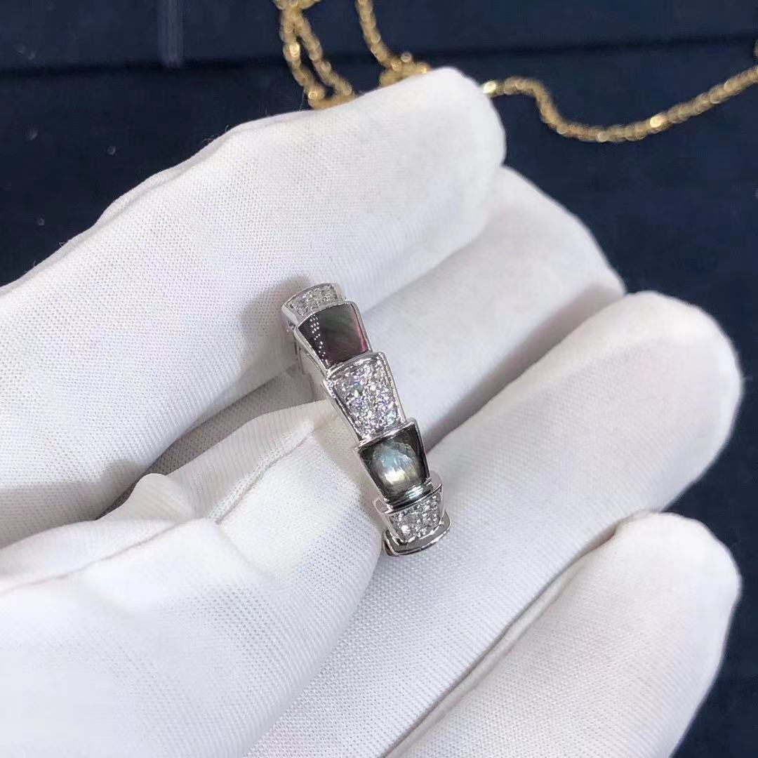 Custom-made Bvlgari Serpenti 18K White Gold Gray Mother-of-pearl and Pavé Diamonds Viper Band Ring