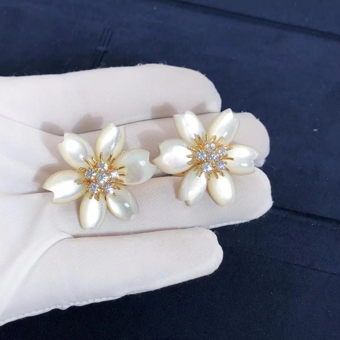 Custom Made VCA 18k Yellow Gold Rose de Noel Mother-of-Pearl Flower Earrings Small Mode VCARA55600