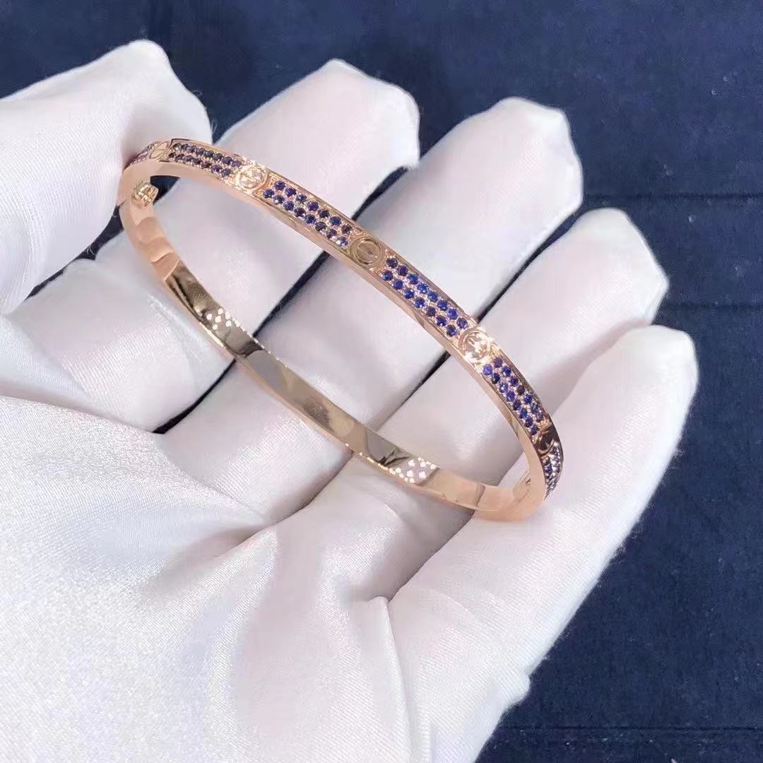 Customised Cartier 18k Rose Gold Sapphire Paved Diamond Love Bracelet SM