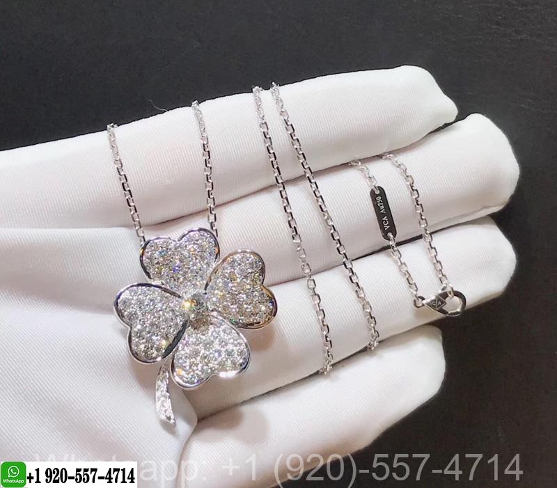 Van Cleef & Arpels Very Large Model Cosmos Diamond Pave 18K White Gold Clip Pendant Necklace VCARO68I00